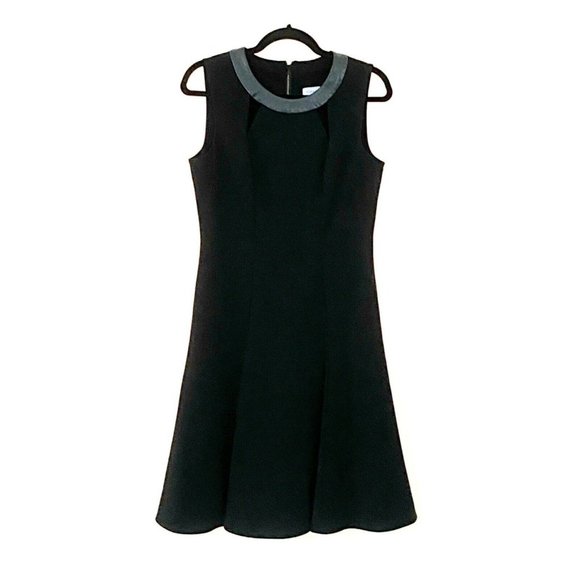 Calvin Klein Sleeveless Faux Leather Trim Neckline Cutout Flare Dress Size 8 - Picture 5 of 7